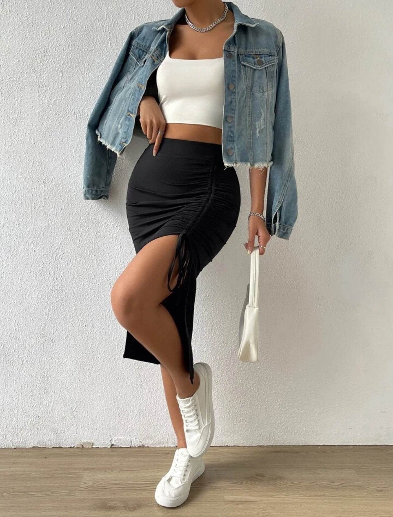High Waist Drawstring Side Split Thigh Skirt