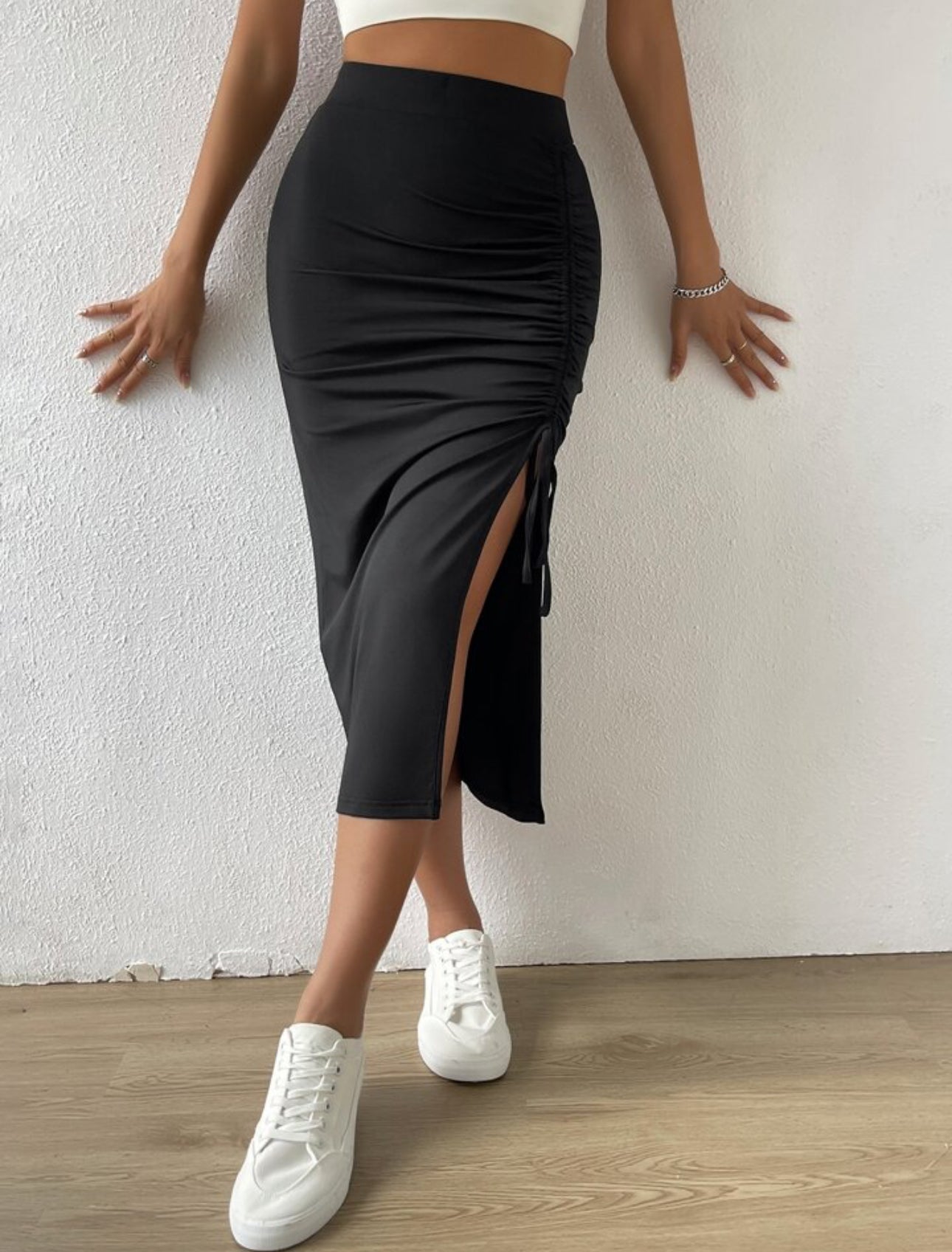 High Waist Drawstring Side Split Thigh Skirt