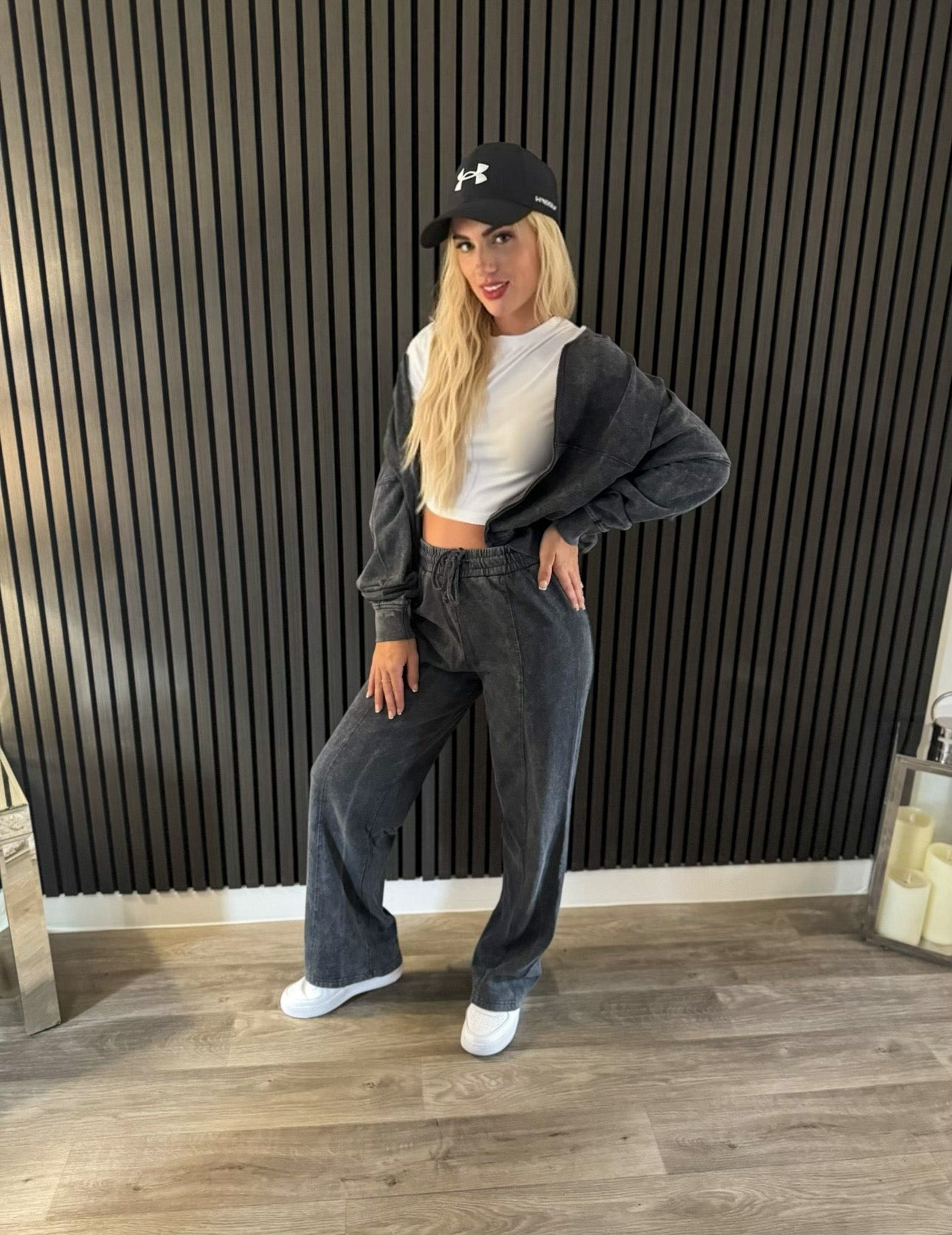 ACID WASH OVERSIZED BOMBER STYLE FLEECE ZIPPER CO-ORD