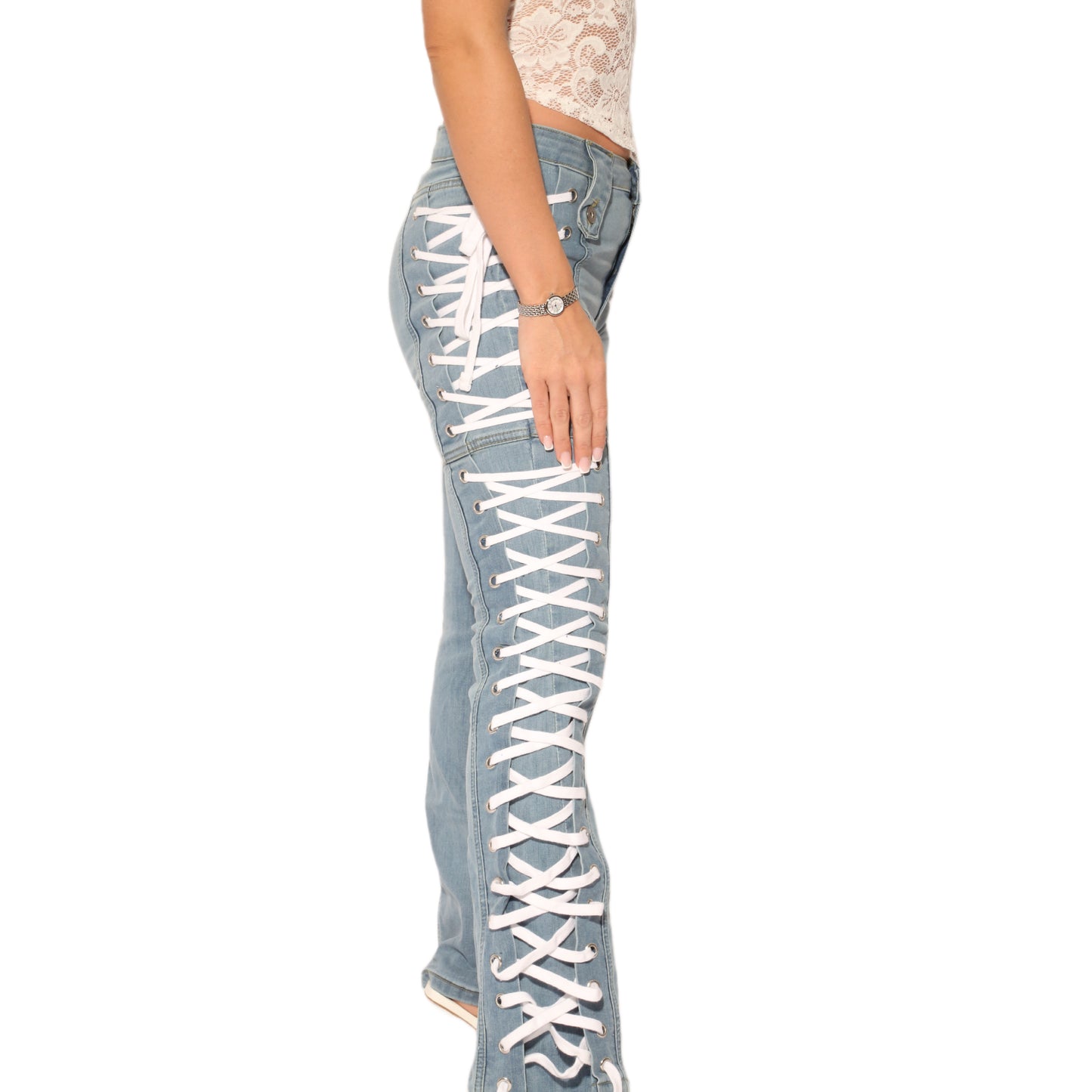 Side Adjustable Lace Up Detail Denim Jeans