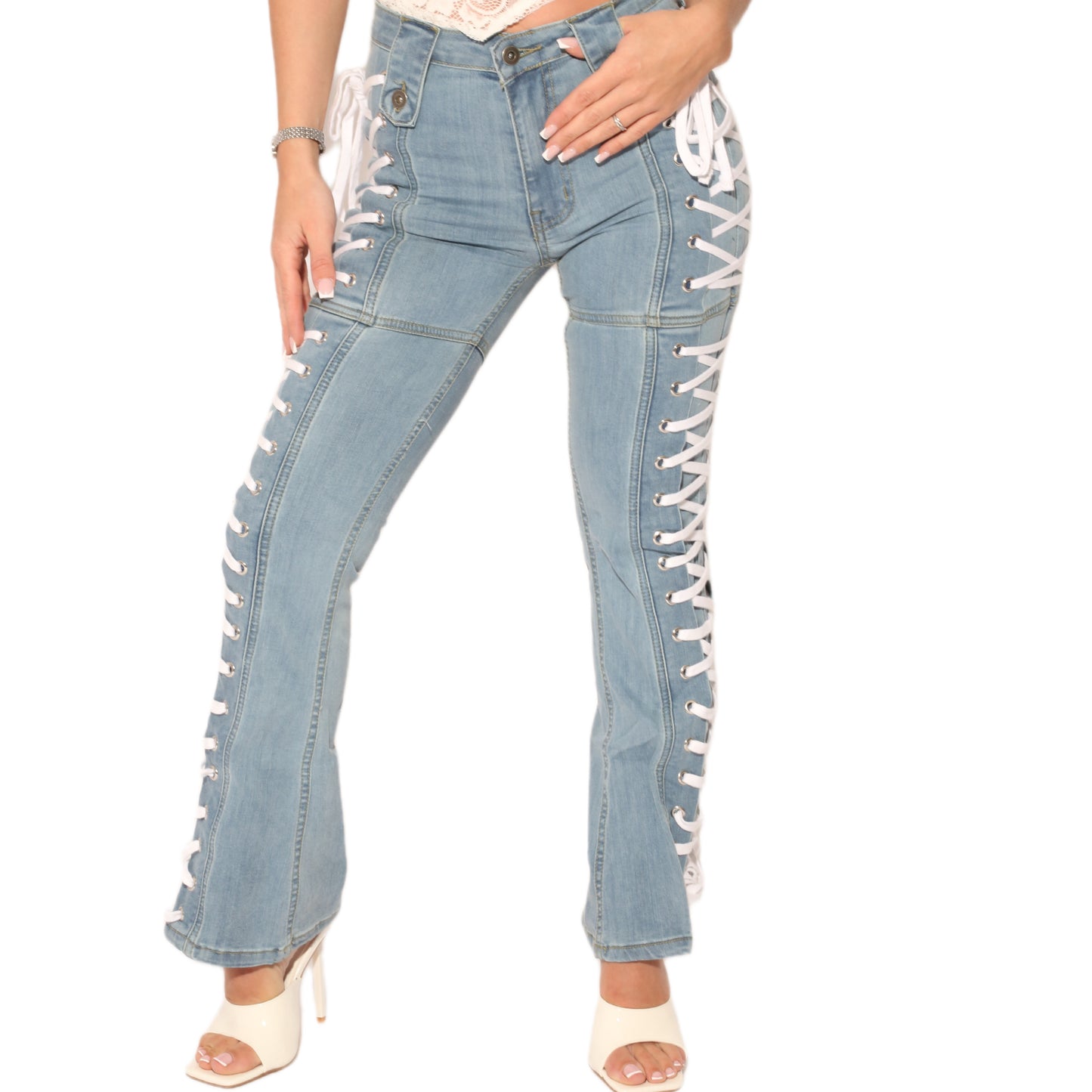 Side Adjustable Lace Up Detail Denim Jeans