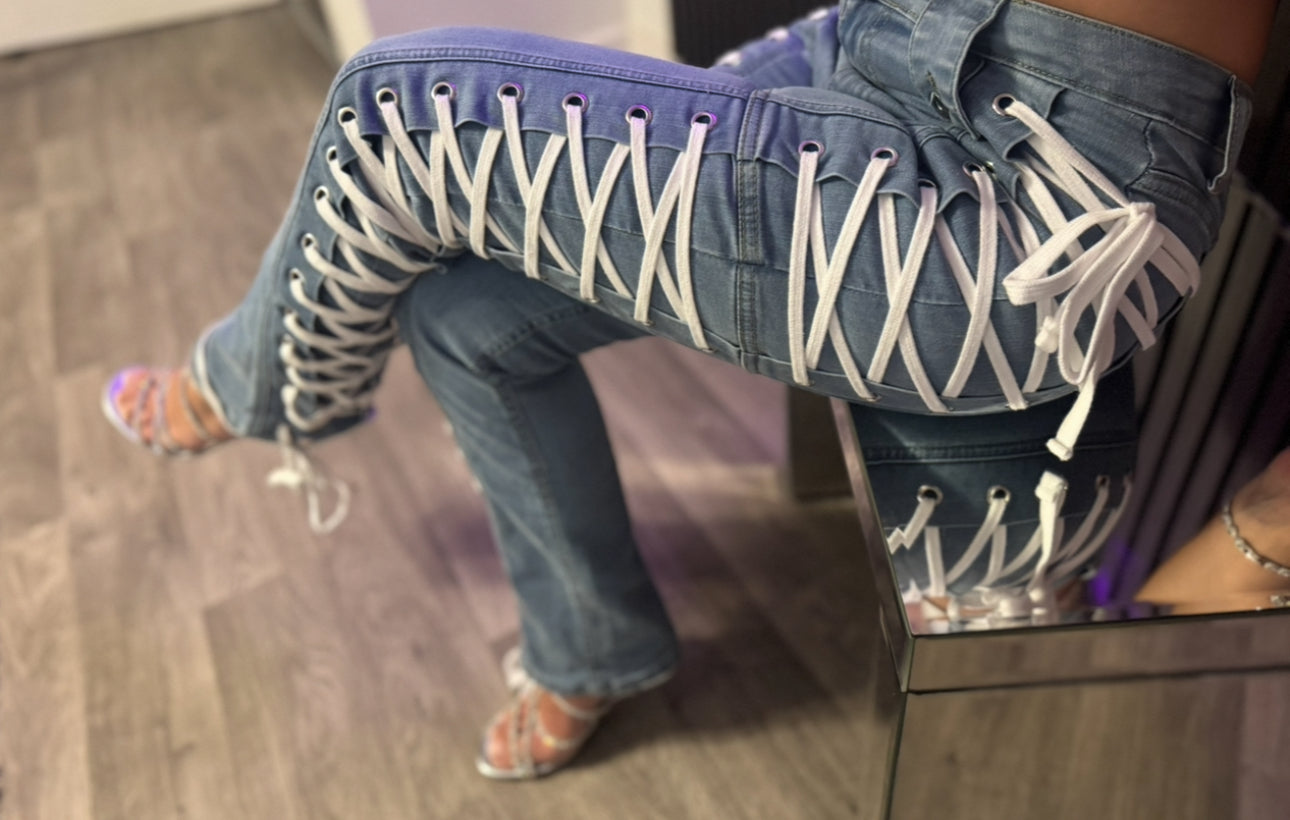 Side Adjustable Lace Up Detail Denim Jeans