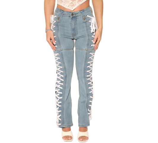 Side Adjustable Lace Up Detail Denim Jeans