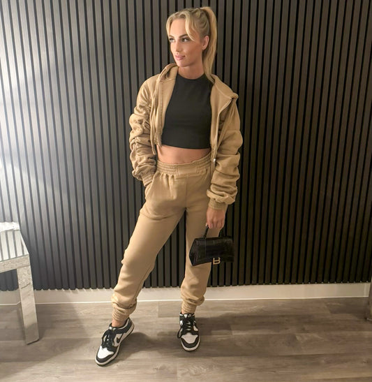 Ruched Sleeves Cropped Hoodie and Cropped Jogger Cuffed Bottom Loungewear Tracksuit Set
