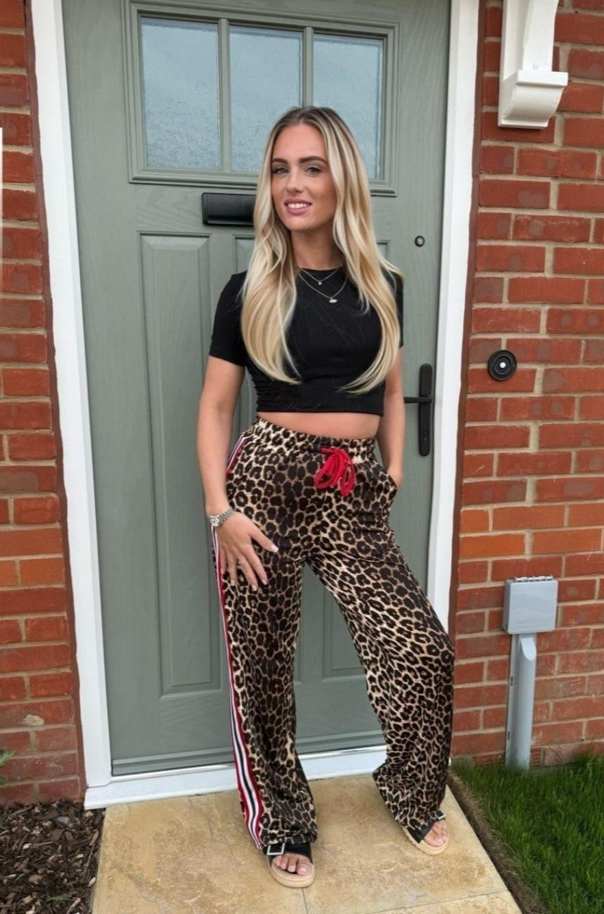 Red stripe leopard wide leg trousers