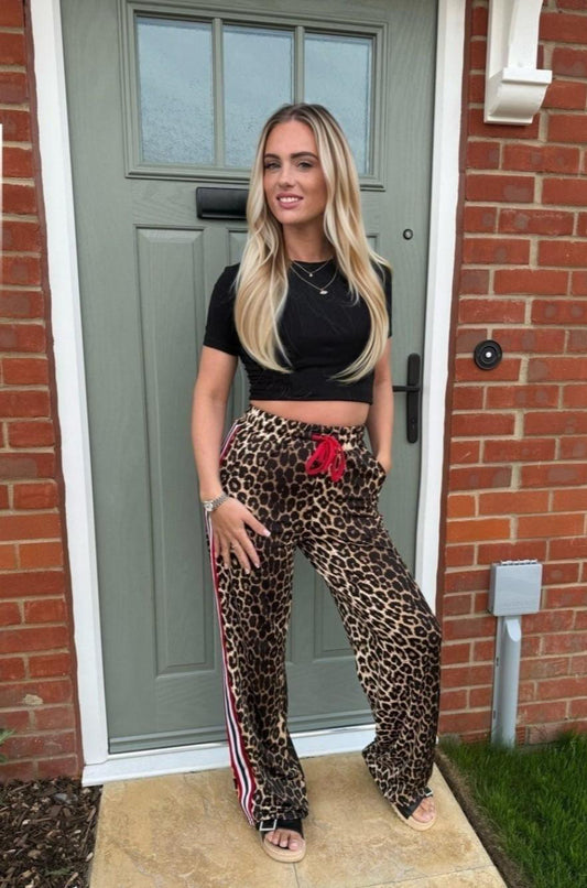 Red stripe leopard wide leg trousers