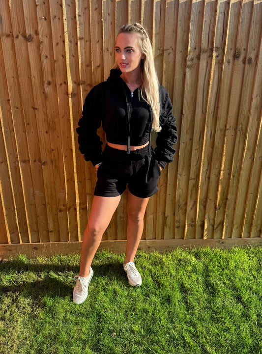 Ruched arm hoodie & short set